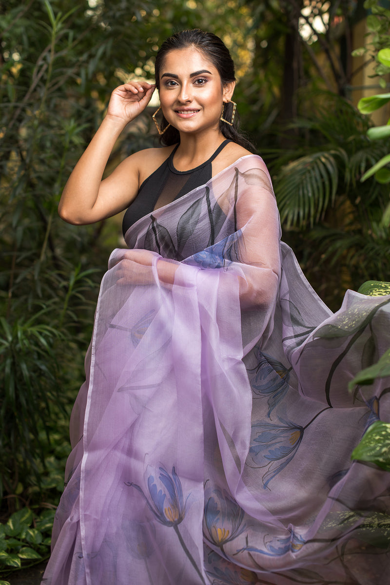 Tulips on Lavender Organza Hand-painted Saree