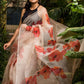 Garden of Poppy Flowers on Peach Organza Hand-painted Sari-062 - indeloom