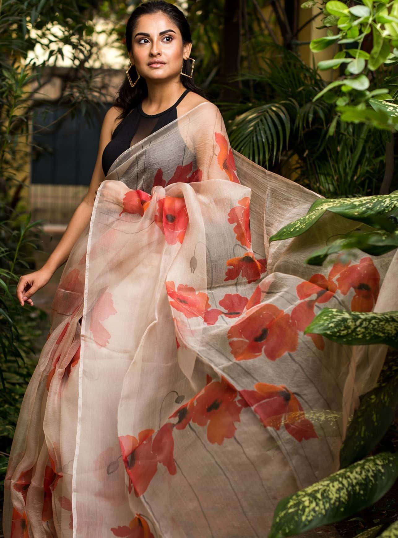 Garden of Poppy Flowers on Peach Organza Hand-painted Sari-062 - indeloom