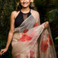 Garden of Poppy Flowers on Peach Organza Hand-painted Sari-062 - indeloom