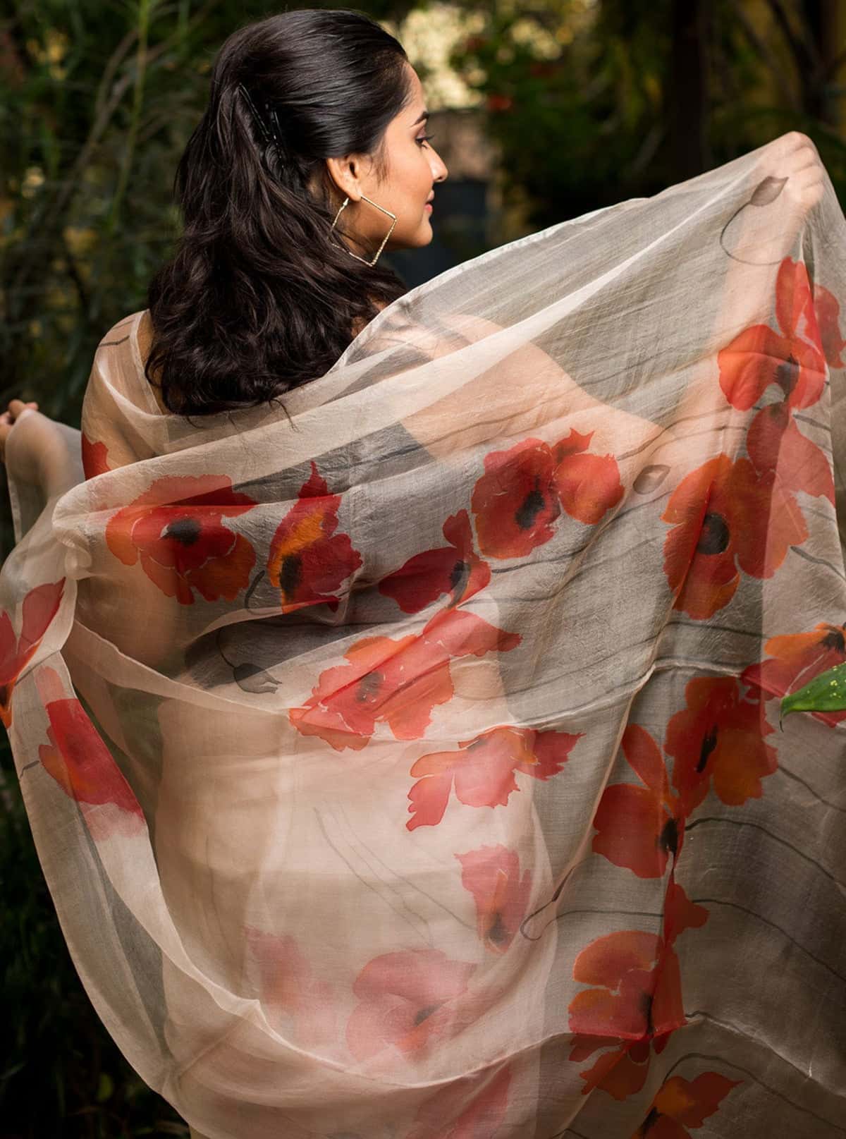 Garden of Poppy Flowers on Peach Organza Hand-painted Sari-062 - indeloom