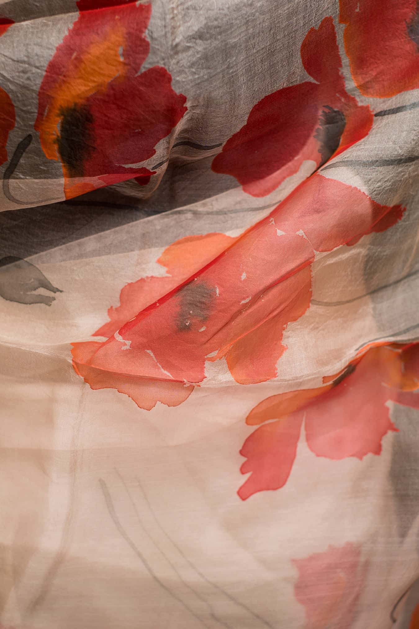 Garden of Poppy Flowers on Peach Organza Hand-painted Sari-062 - indeloom