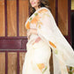 The Orange Floral Garden on Ivory White-Organza Hand-painted Saree-011
