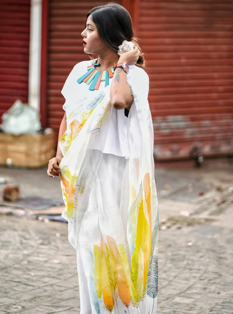 The Feathers Of Bird In Ivory White-Organza Hand-painted Saree