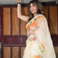 The Orange Floral Garden on Ivory White-Organza Hand-painted Saree-011