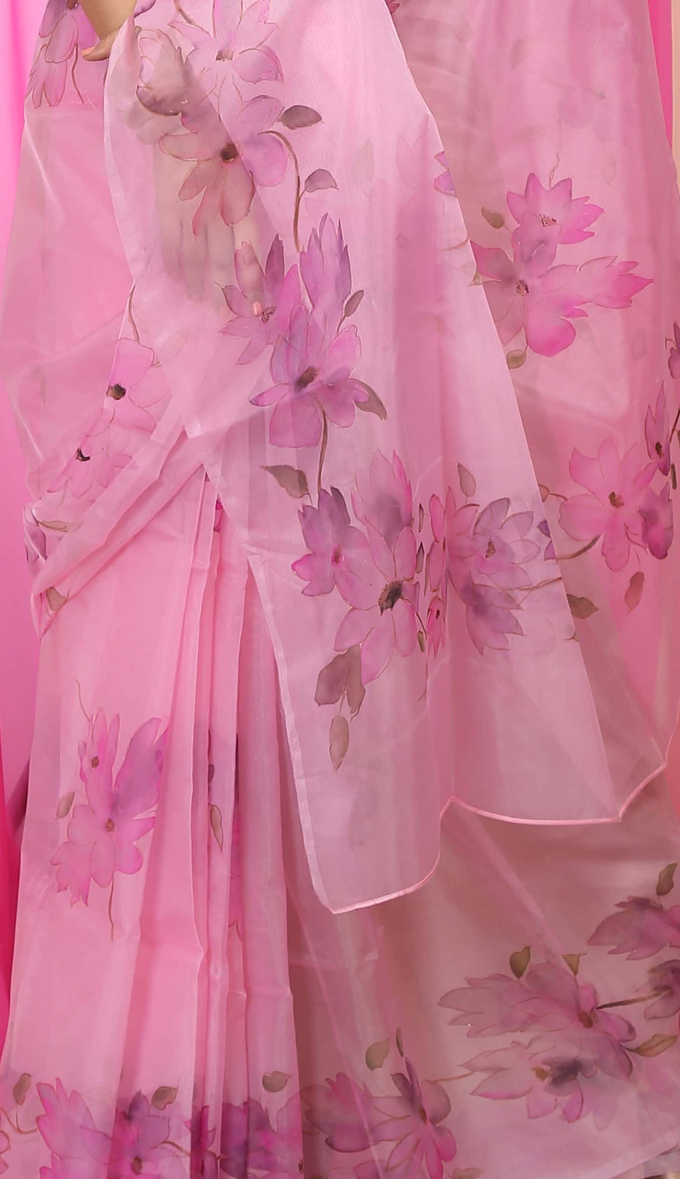 Mauve Pink Floral Gardens Organza Hand-painted Saree - indeloom