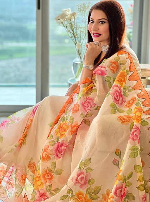 Hand Painted Roses and Dahila Floral Designer Organza Saree With - Hand Embroidery Gota
