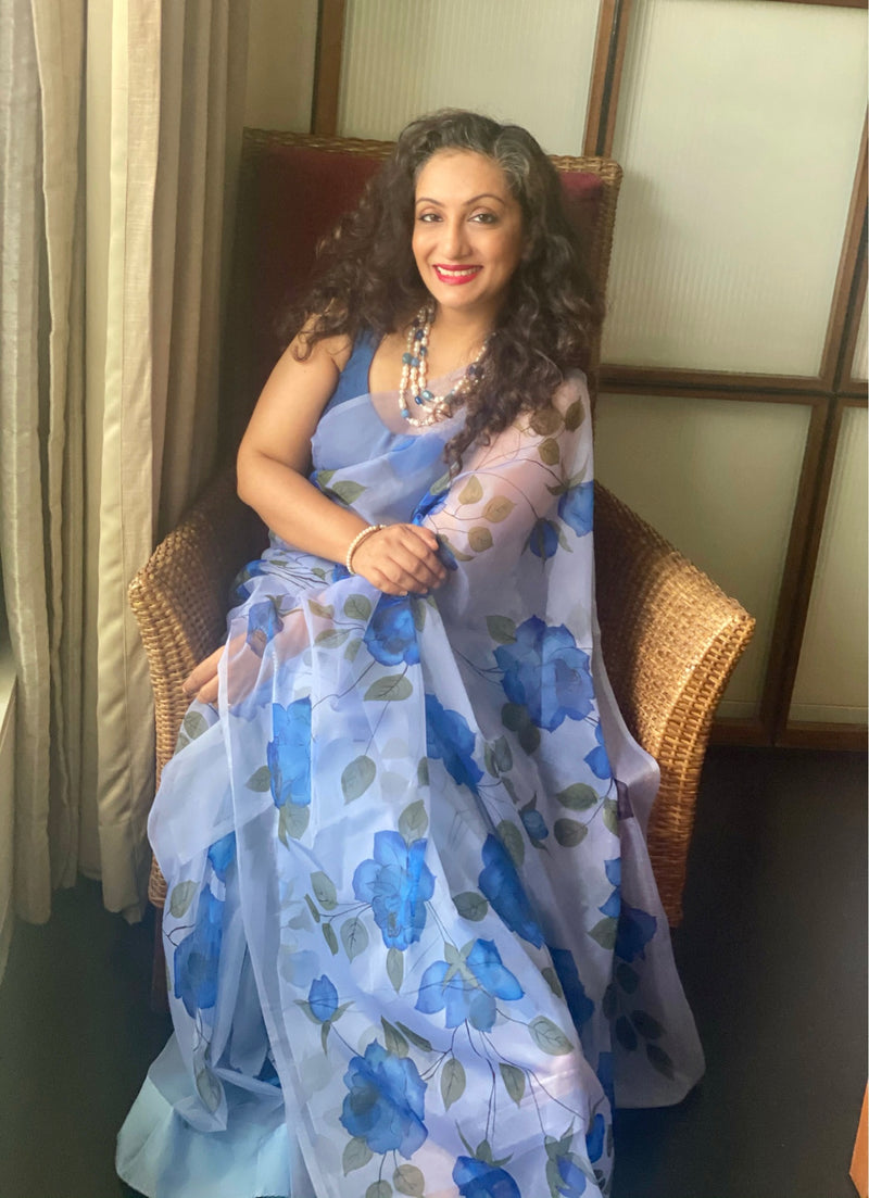Blue Colour Florals on Organza Hand-painted Sari