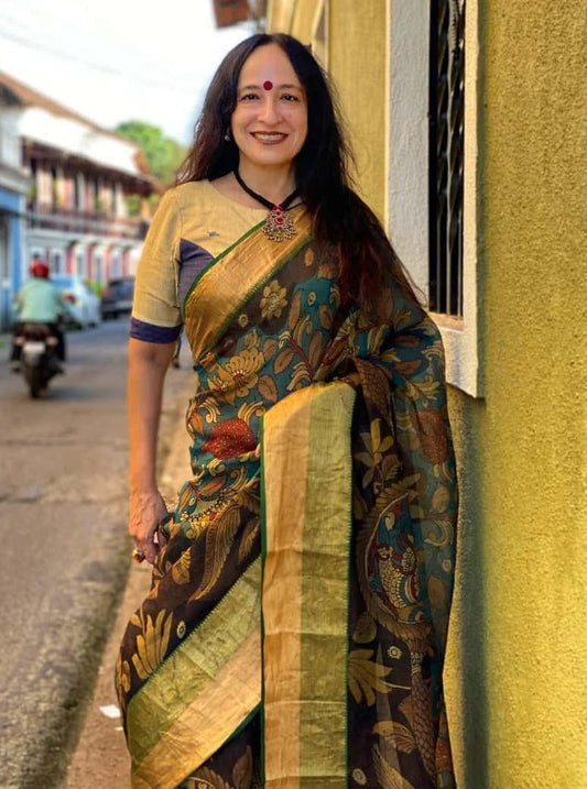 Signature Chanderi Katan Silk Pen Kalamkari Saree With Fish Floral  Design-020 - Indeloom
