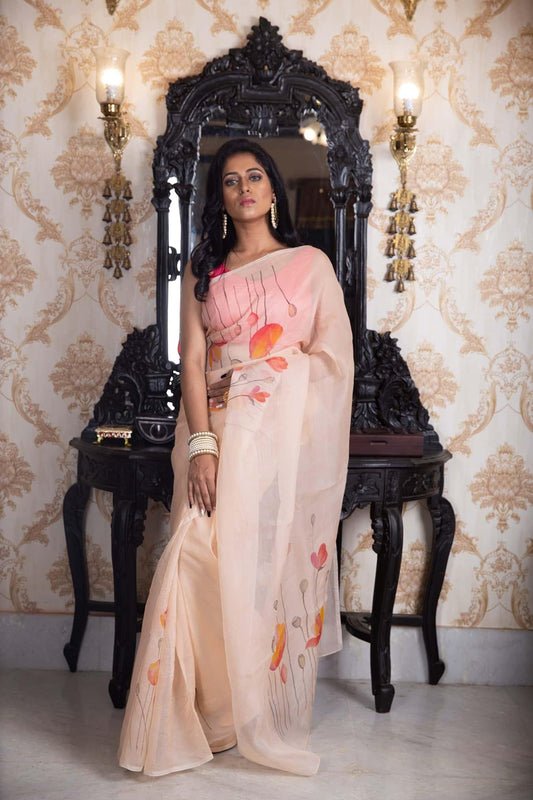 Red Poppies Organza Hand-painted Saree-059 - Indeloom