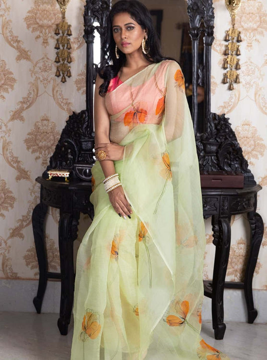 Poppy Floral Vectors On Lime Green-Organza Hand-painted Saree-025