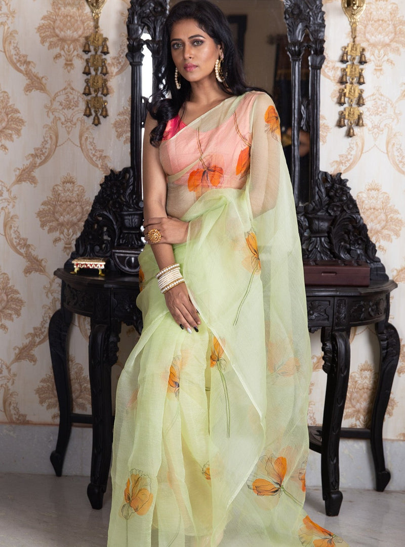 Poppy Floral Vectors On Lime Green-Organza Hand-painted Saree