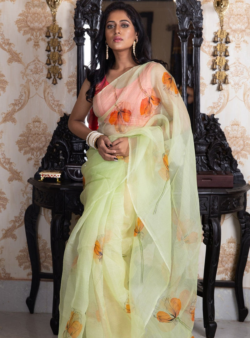 Poppy Floral Vectors On Lime Green-Organza Hand-painted Saree
