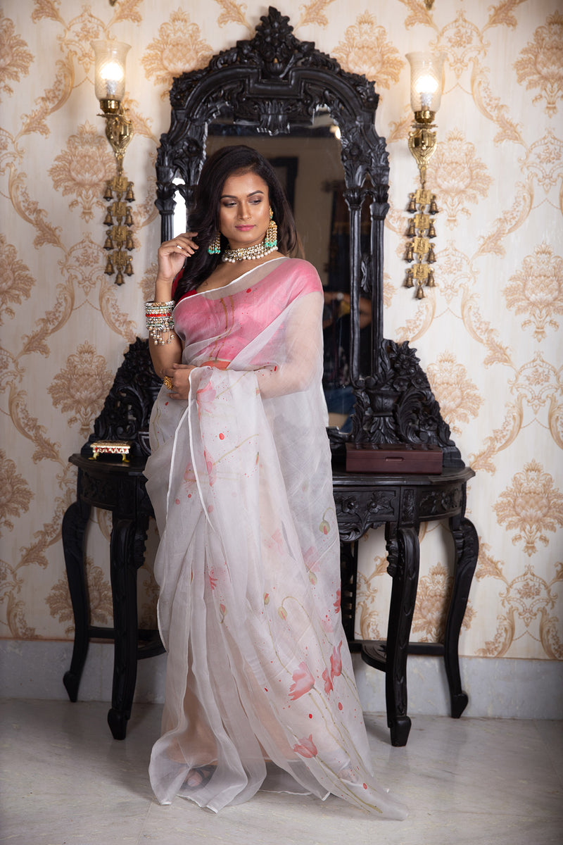 The Tulips On Ivory White Organza Hand-painted Sari
