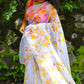 Yellow and Pink Florals On Ivory White-Organza Hand-painted Saree-014