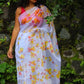 Yellow and Pink Florals On Ivory White-Organza Hand-painted Saree-014