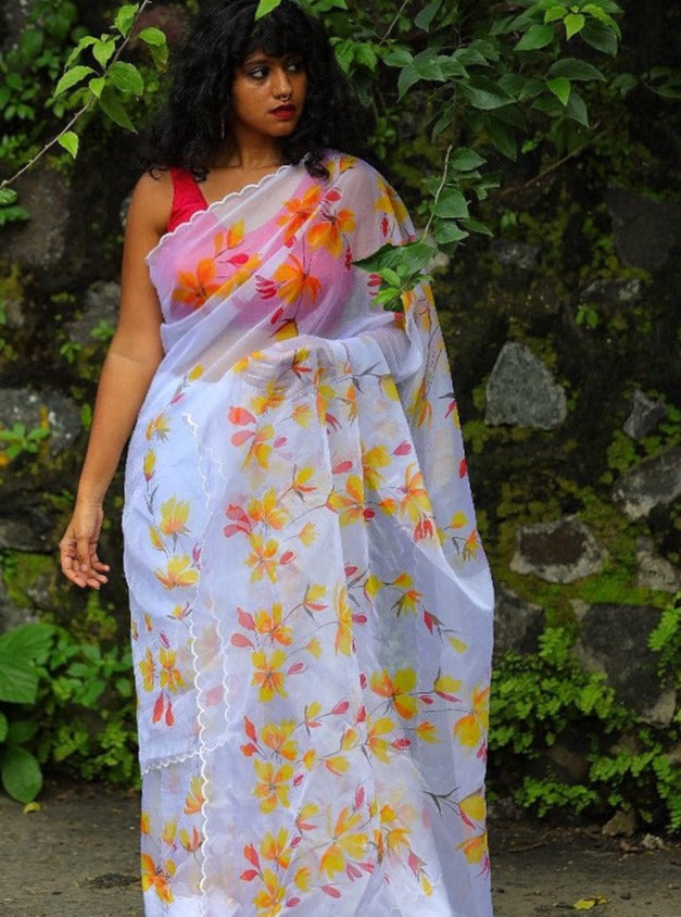 Yellow and Pink Florals On Ivory White-Organza Hand-painted Sari