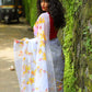 Yellow and Pink Florals On Ivory White-Organza Hand-painted Saree-014