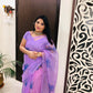 Lotus Flower Handpaint on Violet-Organza Hand-painted Sari-033 - indeloom