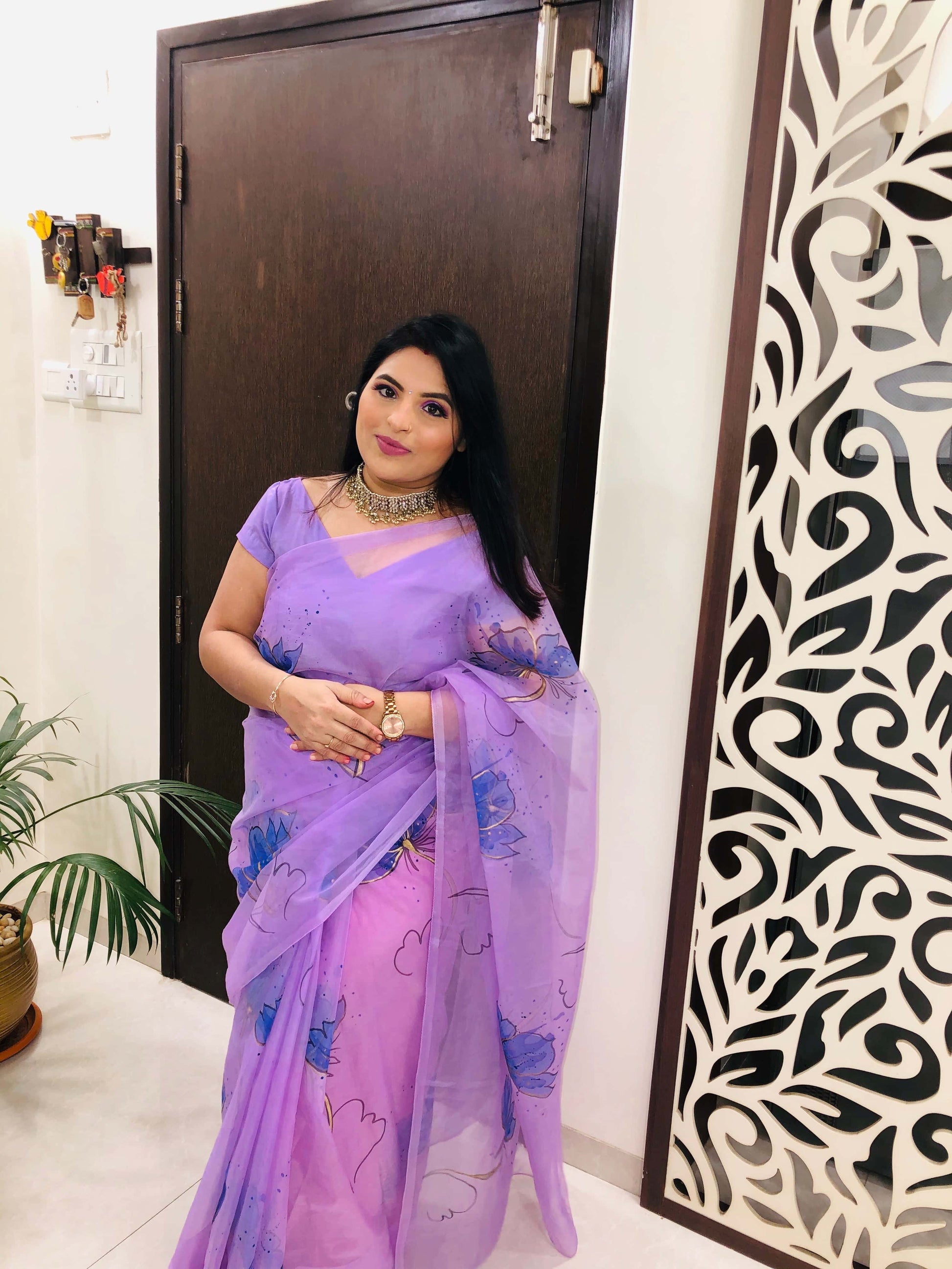 Lotus Flower Handpaint on Violet-Organza Hand-painted Sari-033 - indeloom