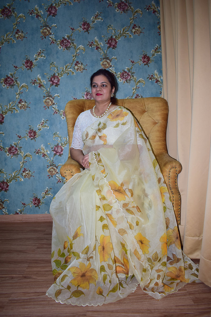 Flower & Multicolor florals On Beige White Organza Hand-painted Saree