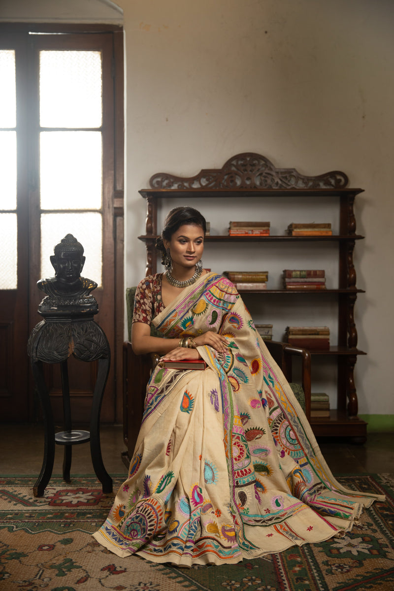 Nakshi Kantha Sari With Rangoli Patterns - Sepia