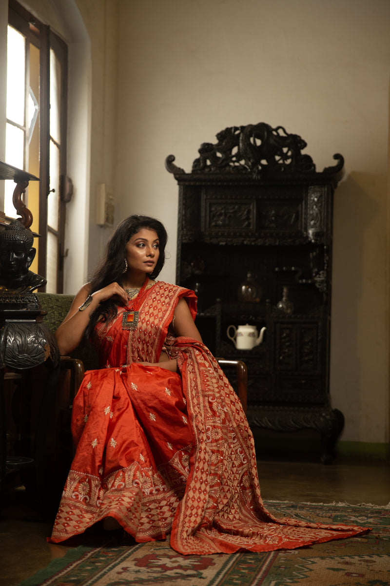 Vermilion Hand-Stitched Nakshi Kantha Sari Made With Bangalore Silk