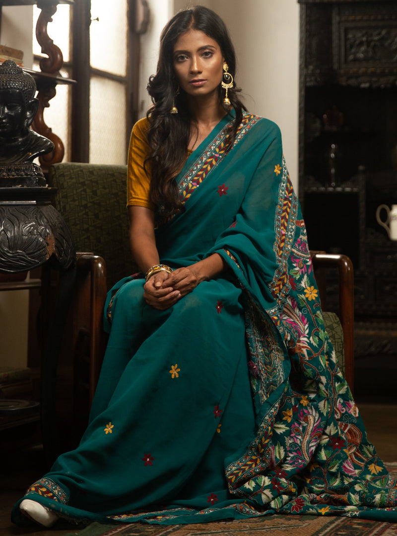 Teal Blue Hand-Crafted Bangalore Silk Saree Stitched With Kantha Sari Work