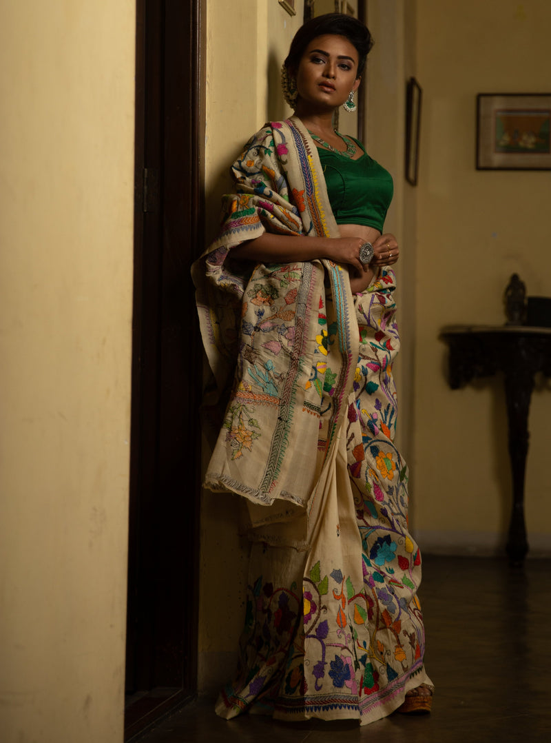 Cream Color Hand-Stitched Kantha Sari With Multicolored Plants' Stitches