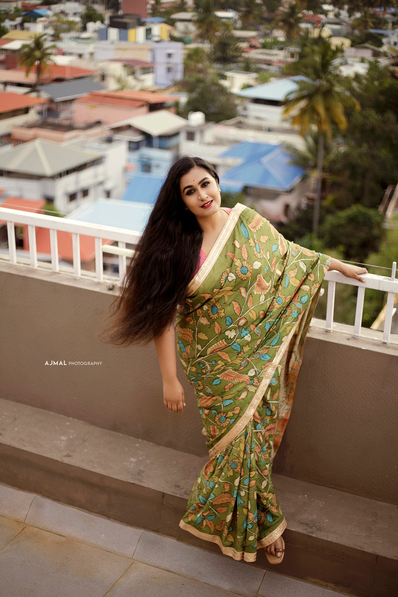 Pen Kalamkari Sari All Over Florals In Tussar Silk