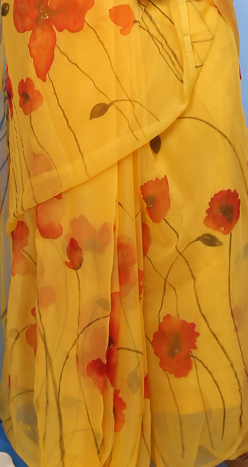 Floral Garden On Saffron Yellow Organza Hand-painted Sari