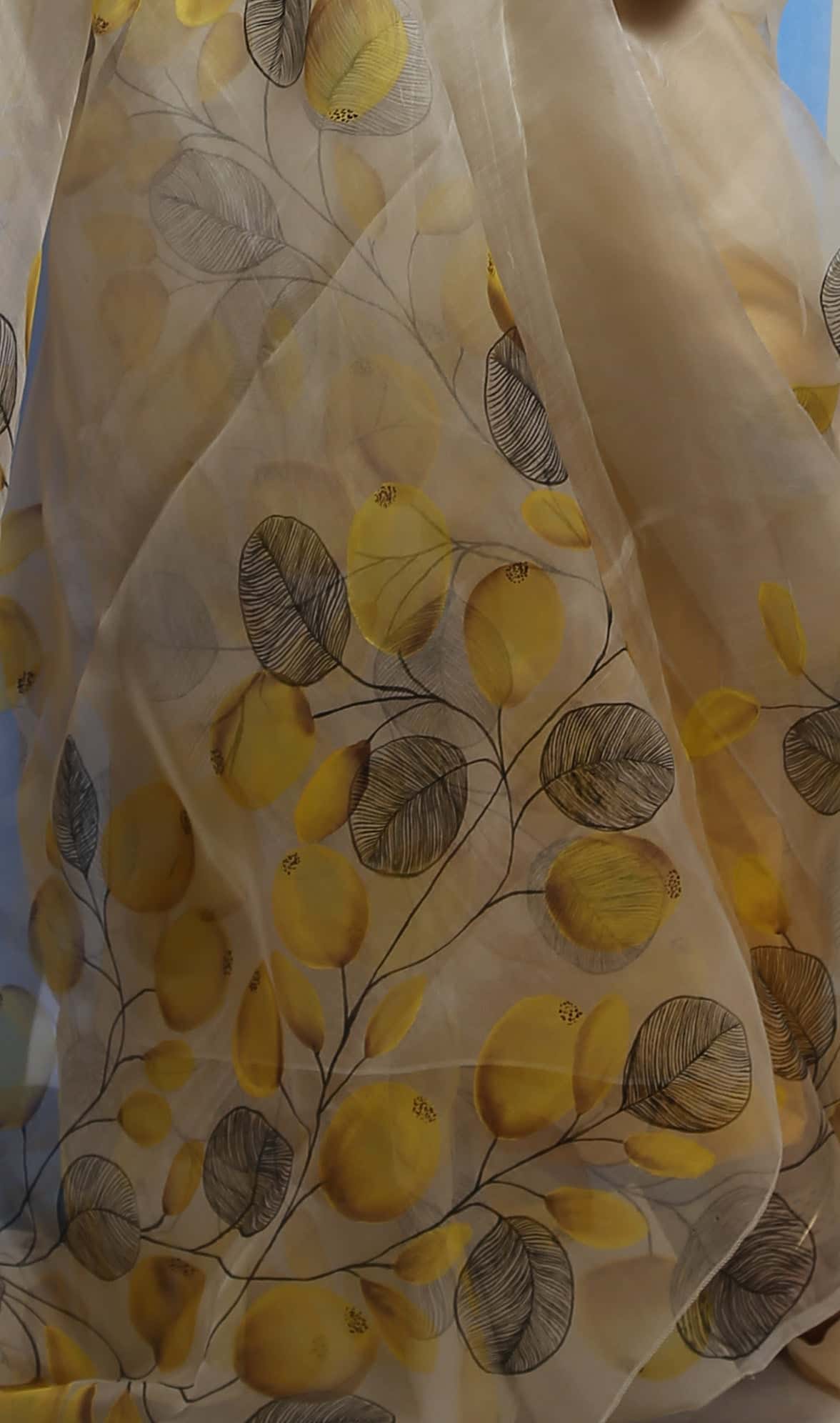 Yellow Grey Vector Floral on Ivory White Organza Hand-painted Sari-050