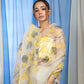 Yellow Grey Vector Floral on Ivory White Organza Hand-painted Sari-050
