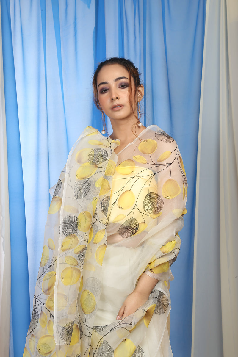 Yellow Grey Vector Floral on Ivory White Organza Hand-painted Sari