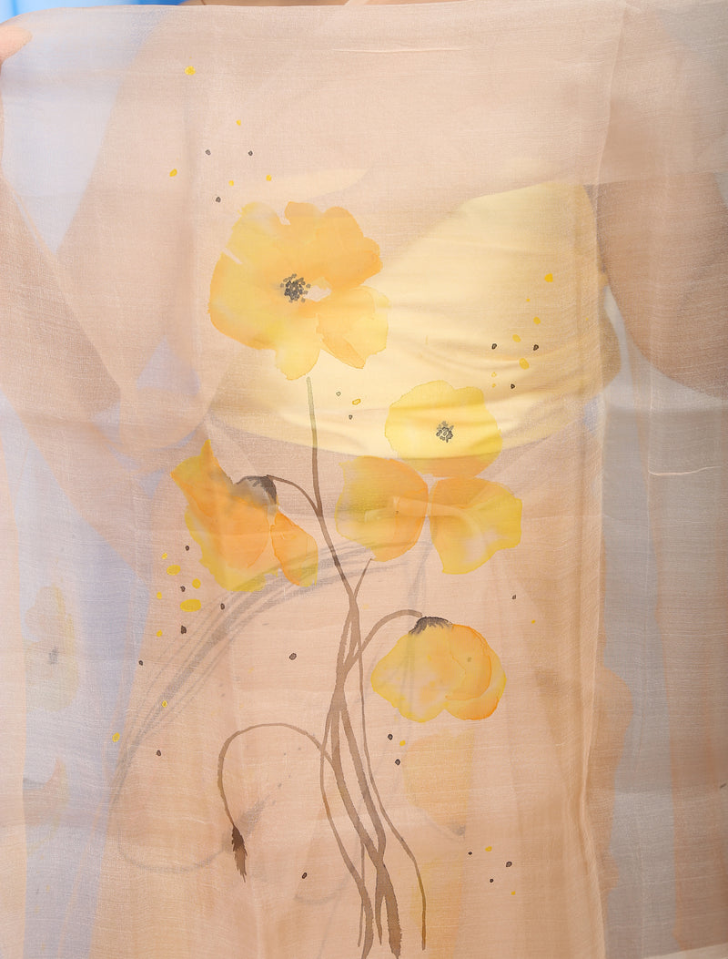 Yellow Peonies On Pastel Peach Organza Hand-painted Sari