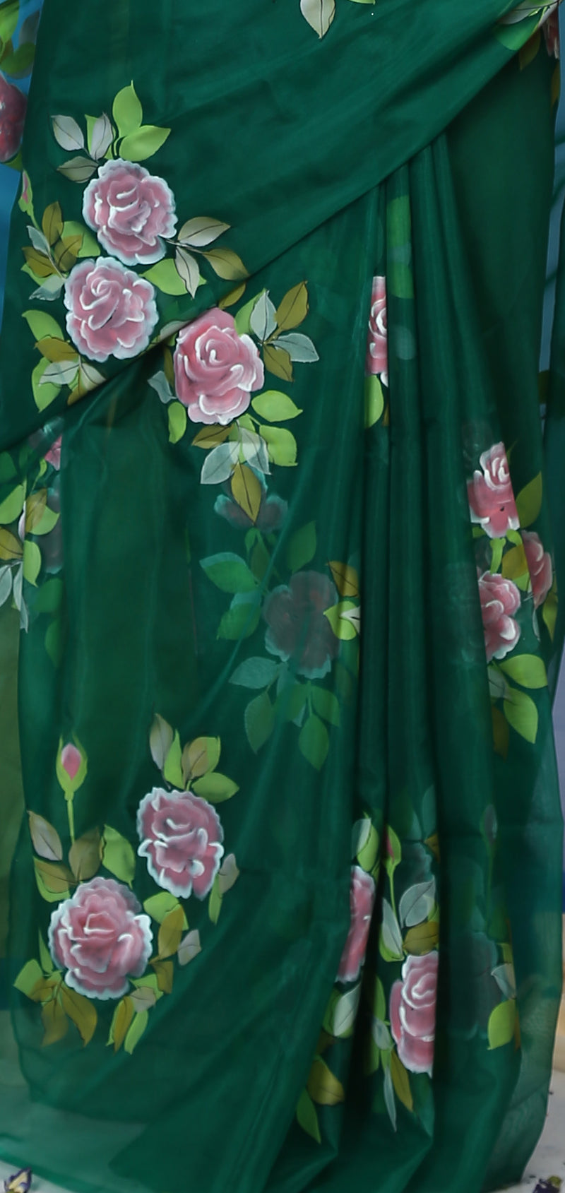 Dark Forest Green Wild Roses Organza Hand-painted Sari