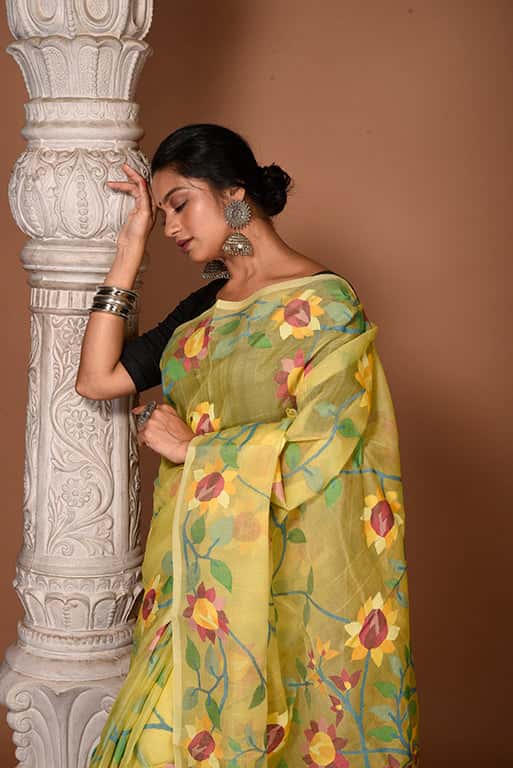 Lemon Yellow Floral Handwoven Jamdani Saree(Pre-Order)-011 - indeloom