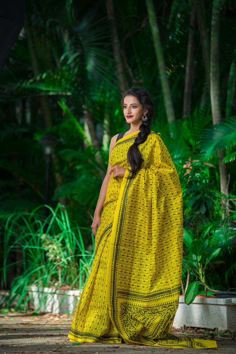 Yellow Color Black Motifs Kantha Saree