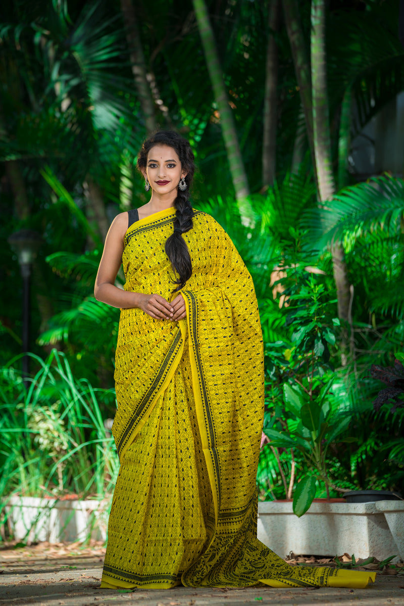 Yellow Color Black Motifs Kantha Saree