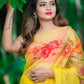 Saffron Yellow Multi Color Floral-Organza Hand-painted Sari-040