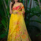 Saffron Yellow Multi Color Floral-Organza Hand-painted Sari-040