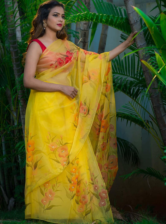 Saffron Yellow Multi Color Floral-Organza Hand-painted Sari-040 - Indeloom