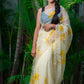 Cream Fruity Yellow Floral-Organza Hand-painted Saree-020 - indeloom