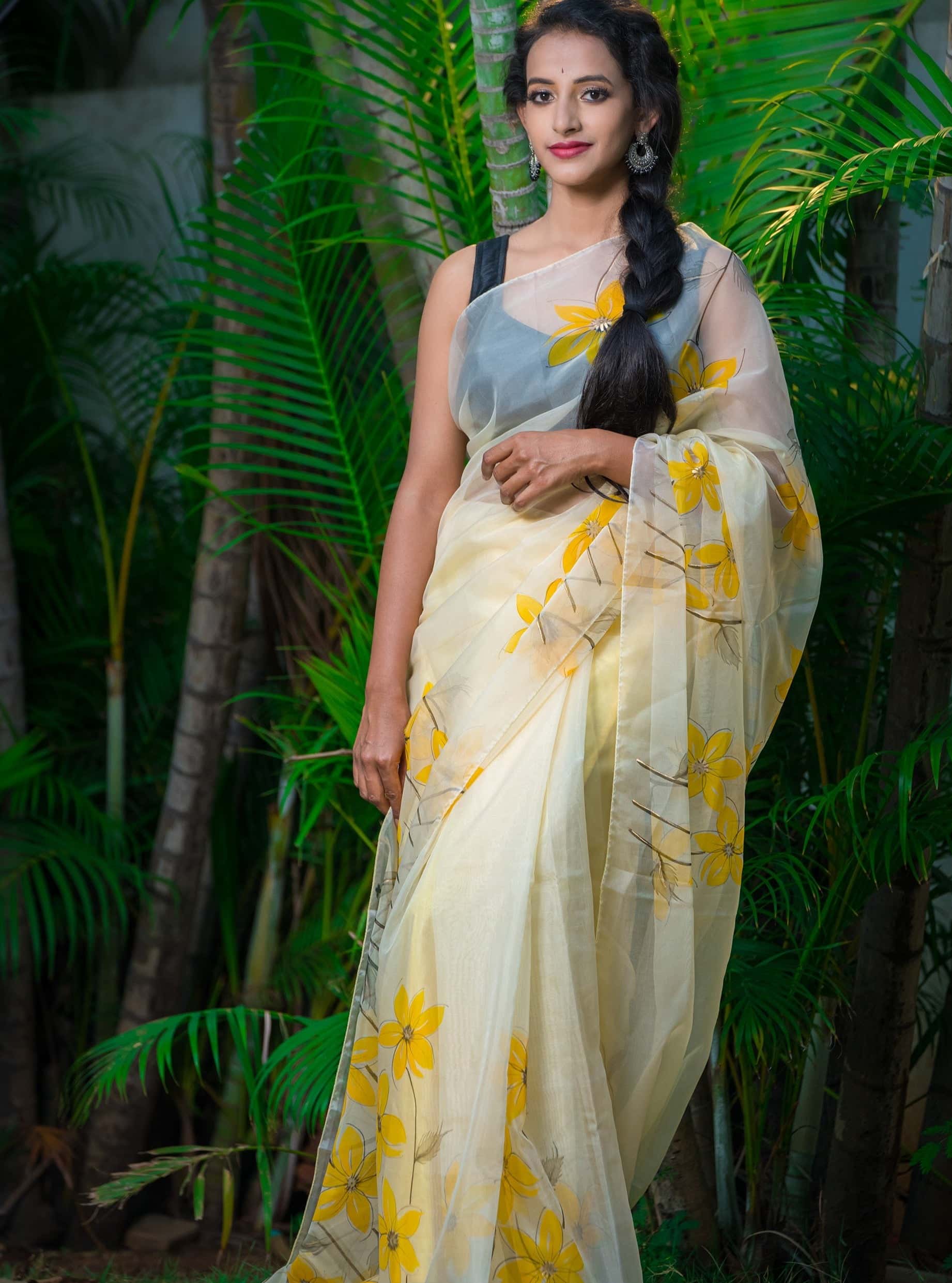 Cream Fruity Yellow Floral-Organza Hand-painted Saree-020 - indeloom