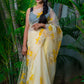 Cream Fruity Yellow Floral-Organza Hand-painted Saree-020 - indeloom