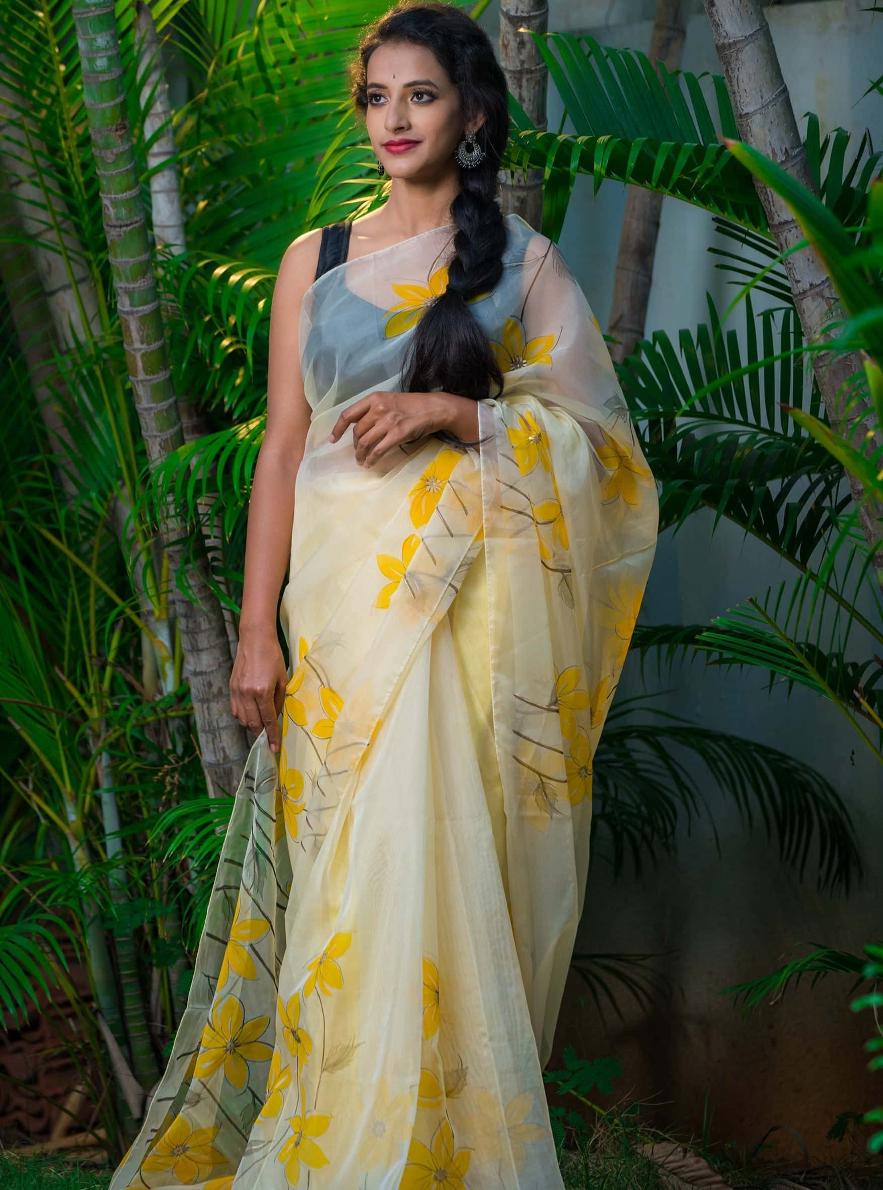 Cream Fruity Yellow Floral-Organza Hand-painted Saree-020 - indeloom