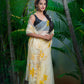 Cream Fruity Yellow Floral-Organza Hand-painted Saree-020 - indeloom