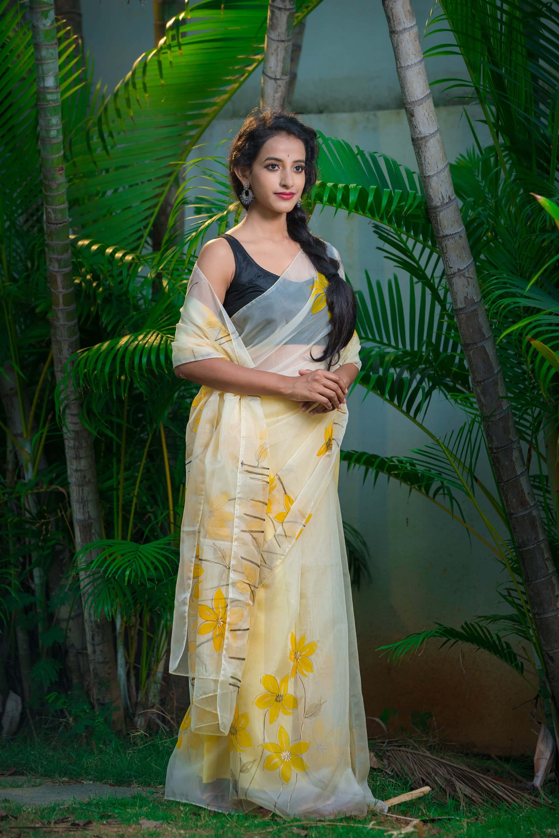 Cream Fruity Yellow Floral-Organza Hand-painted Saree-020 - indeloom