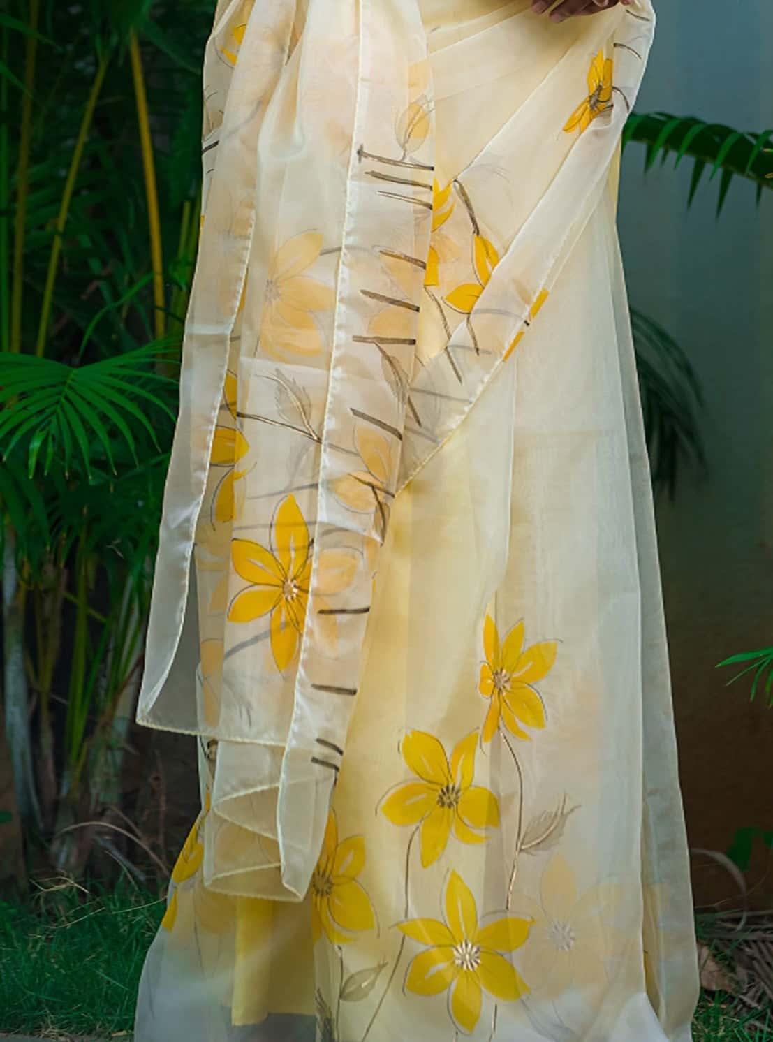 Cream Fruity Yellow Floral-Organza Hand-painted Saree-020 - indeloom