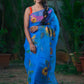 Blueberry Sunflower Floral Garden-Organza Hand-painted Saree-019 - indeloom